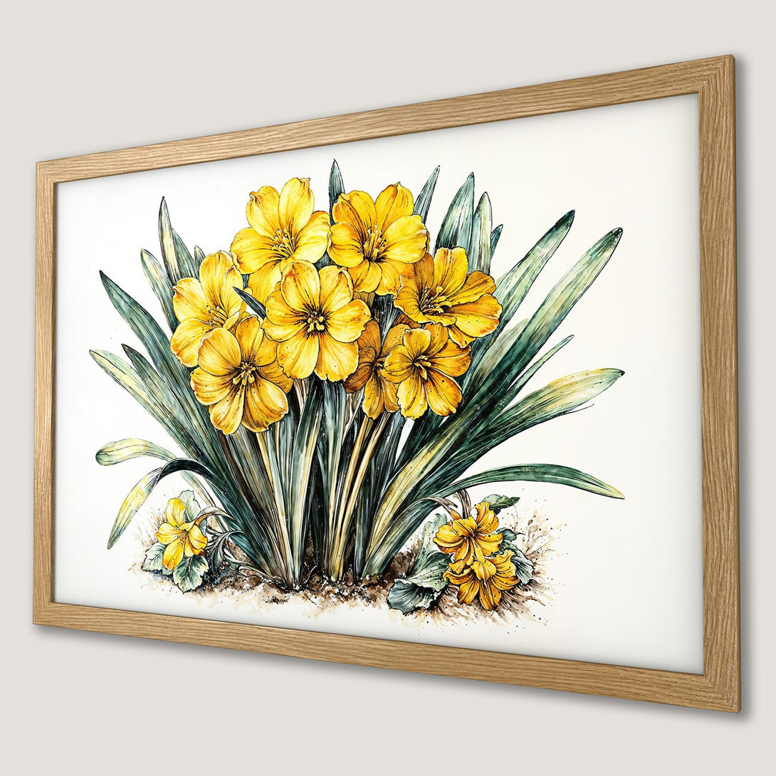 Framed Poster featuring watercolor yellow flowers and green leaves, vibrant spring art.