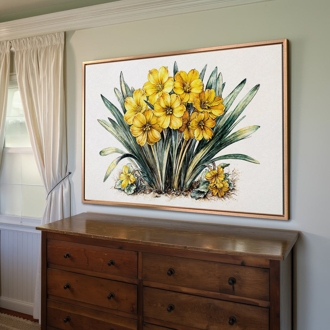 Framed Wall Art: Watercolor-style Canvas Print of yellow daffodils. Adds a touch of spring with a natural green and yellow color palette. Perfect for any room!