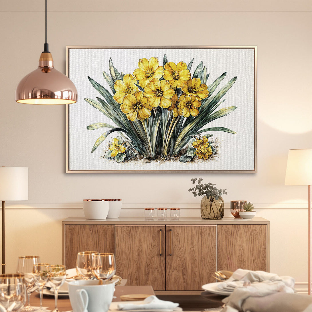 Framed Wall Art: Watercolor painting of yellow daffodils. Adds a touch of spring with a warm, inviting color palette. Perfect for dining room decor.