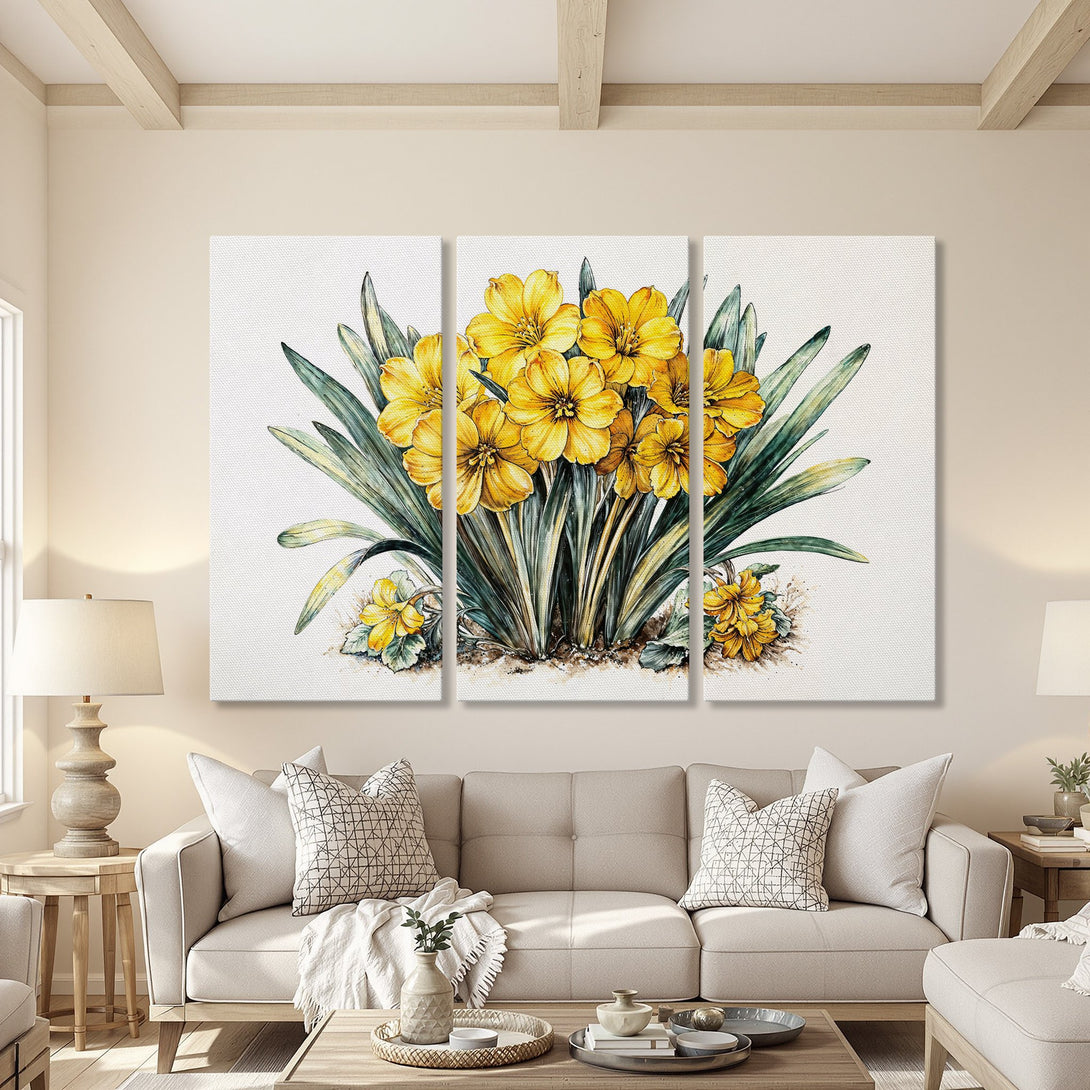 Canvas Print featuring a watercolor-style floral design with yellow blooms and green leaves. Warm, neutral color palette, perfect for home decor.