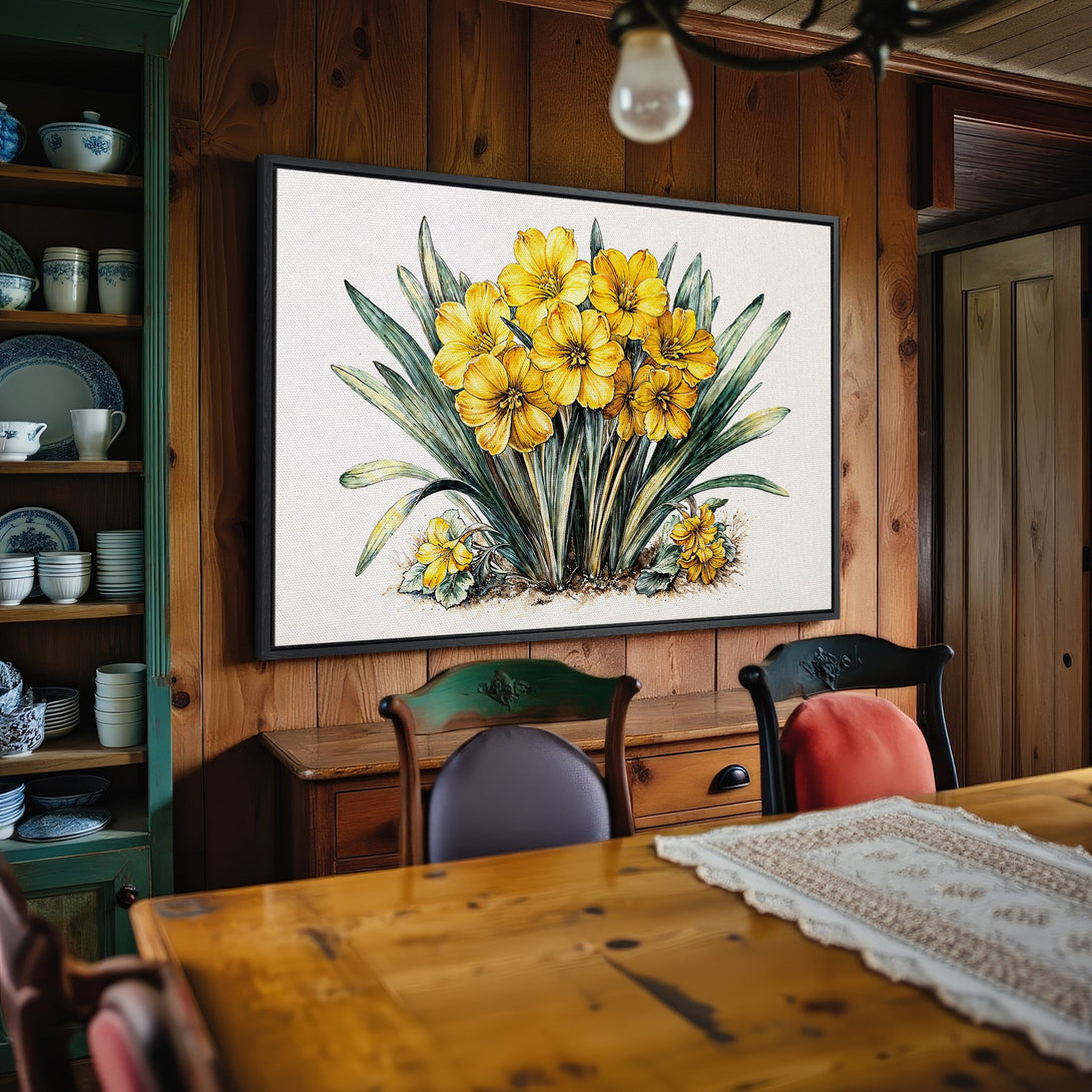 Framed Wall Art: Yellow floral canvas print in a rustic interior. Botanical illustration with a warm, inviting color palette. Perfect home decor.