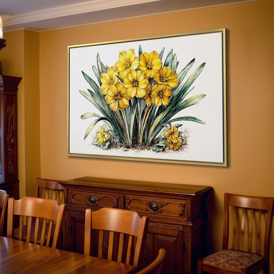 Canvas Print of yellow floral artwork in a neutral living room. Botanical art with a warm, inviting color palette.
