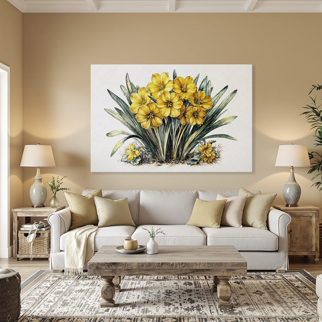 Framed Wall Art: Watercolor floral Canvas Print in yellow and green. Adds a touch of elegance to any interior. Shop now!