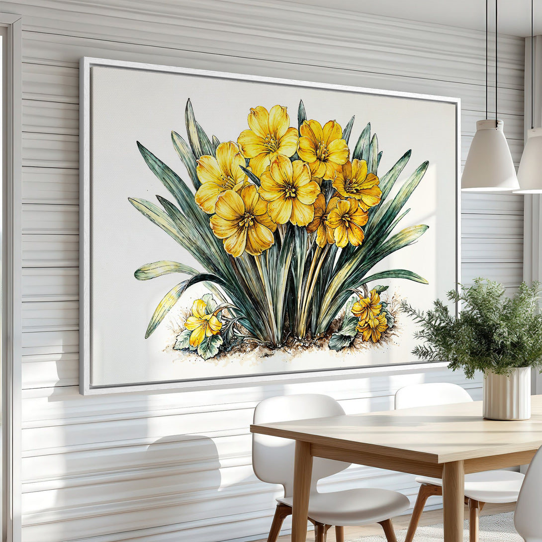Framed Wall Art featuring a watercolor painting of yellow daffodils. Adds a touch of sunshine to any room. Botanical art with a bright, cheerful color palette.