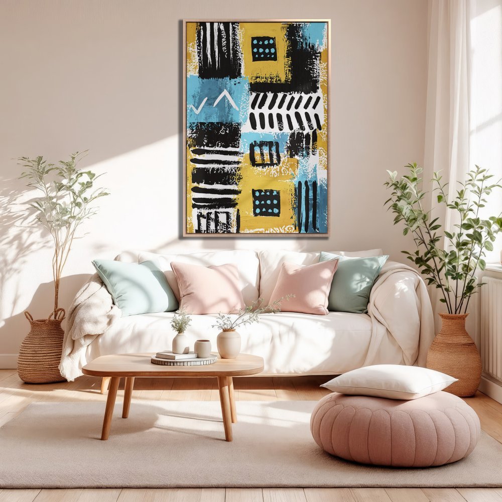Abstract Canvas Print in a modern living room, featuring a yellow, blue, and black color palette. Perfect for adding art to your home!