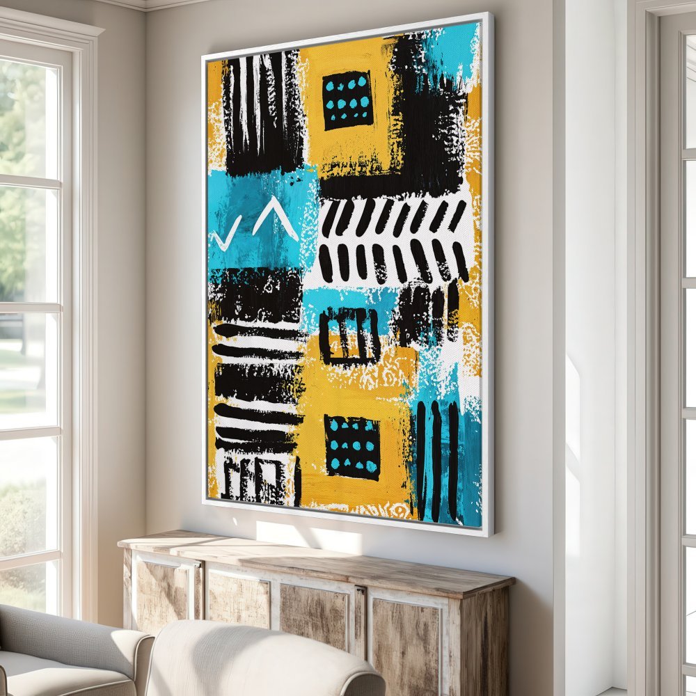 Framed Wall Art: Bold abstract art canvas print in yellow, black, and turquoise. Modern style, perfect for adding a pop of color to your space.