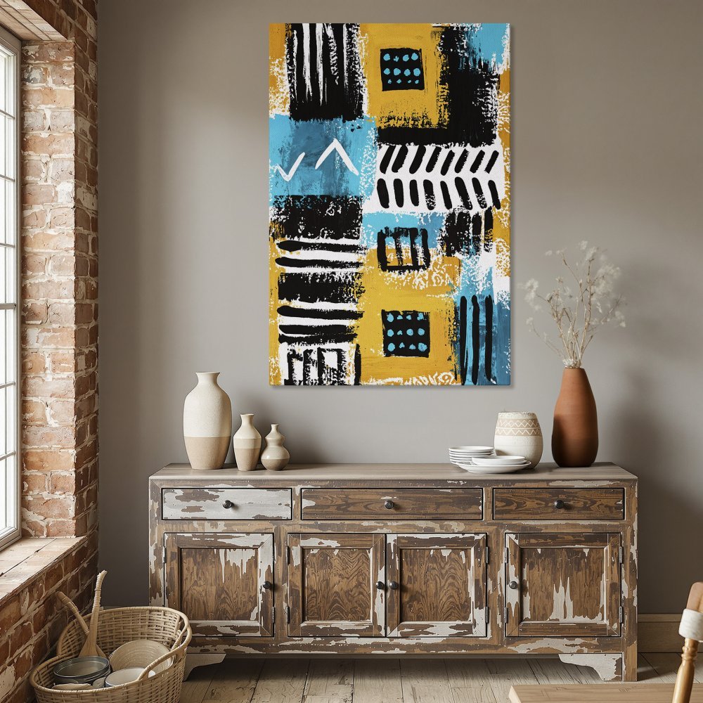 Framed Wall Art: Abstract geometric art in yellow, blue, and black. Modern style Canvas Print adds a pop of color to any dining room.