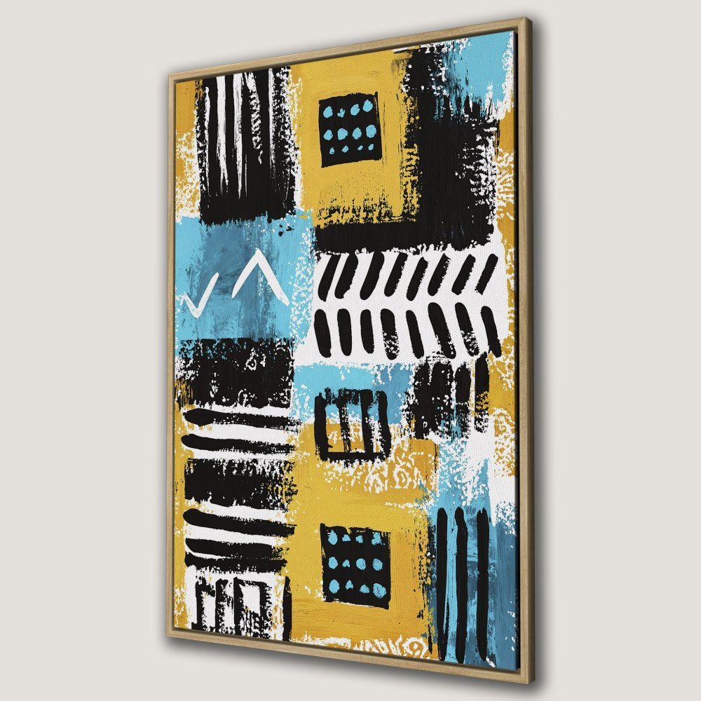 Abstract Canvas Print with bold brushstrokes in yellow, blue, and black. Modern art for stylish wall decor.