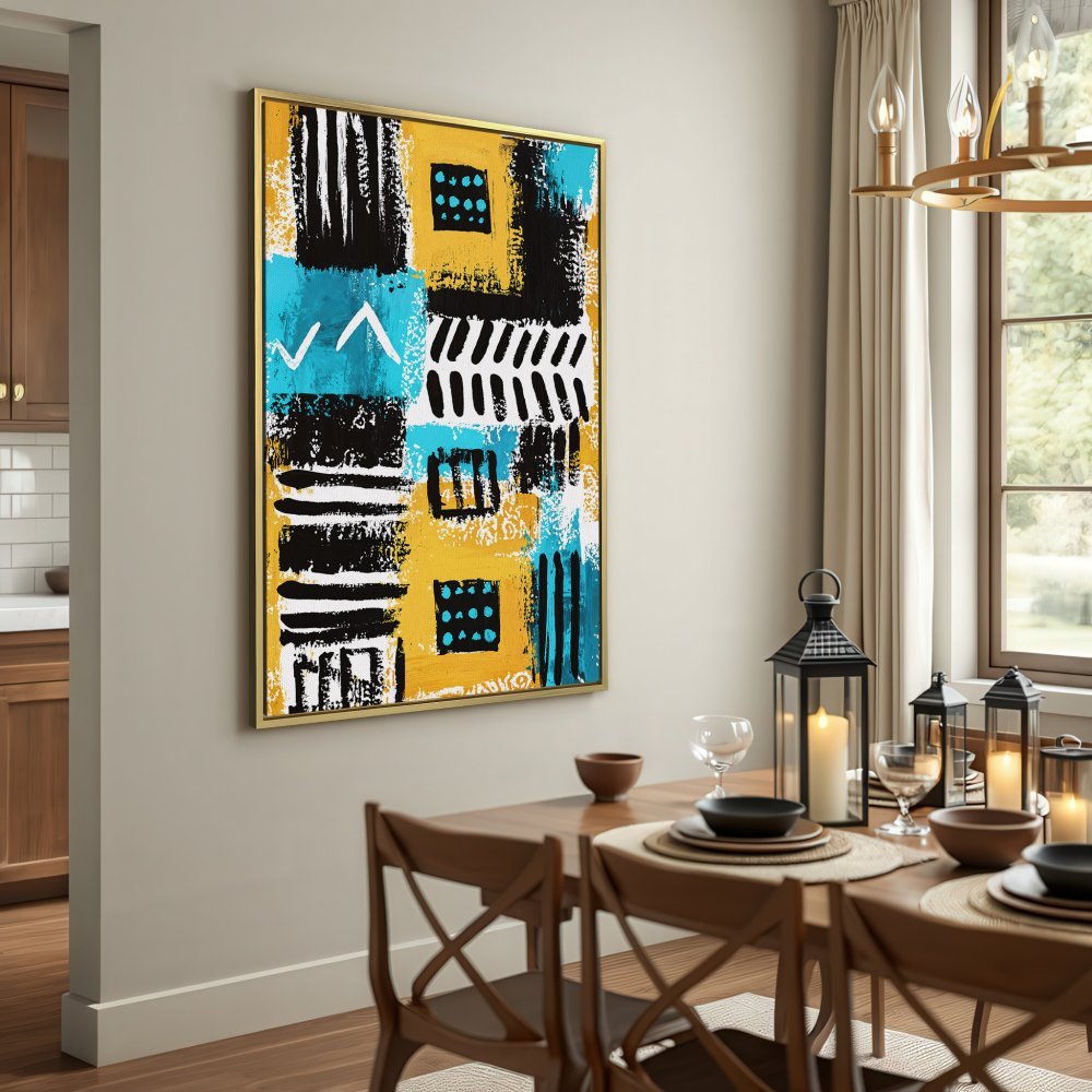 Abstract Canvas Print with bold black, yellow, and blue blocks. Modern art for your home.