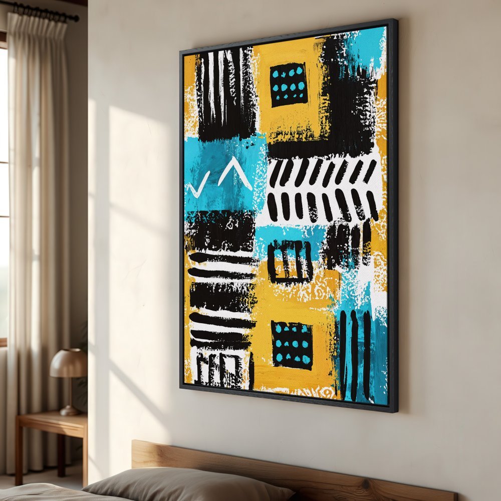 Framed Wall Art: Abstract Canvas Print in vibrant yellow, teal, and black. Modern art style for a stylish interior.