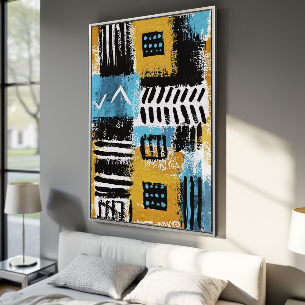Framed Wall Art: Abstract art canvas print with bold black, blue, and gold color palette. Modern art for bedroom decor.