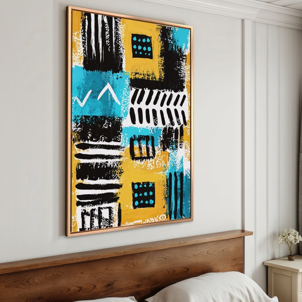 Framed Wall Art: Abstract art Canvas Print with bold yellow, black, and teal color palette. Modern art for living room or bedroom decor.