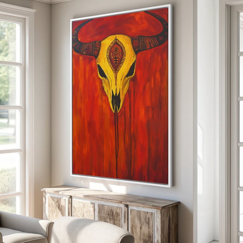 Framed Wall Art: Bold bull skull painting in vibrant red & yellow. Add a statement piece to your home with this striking canvas print!