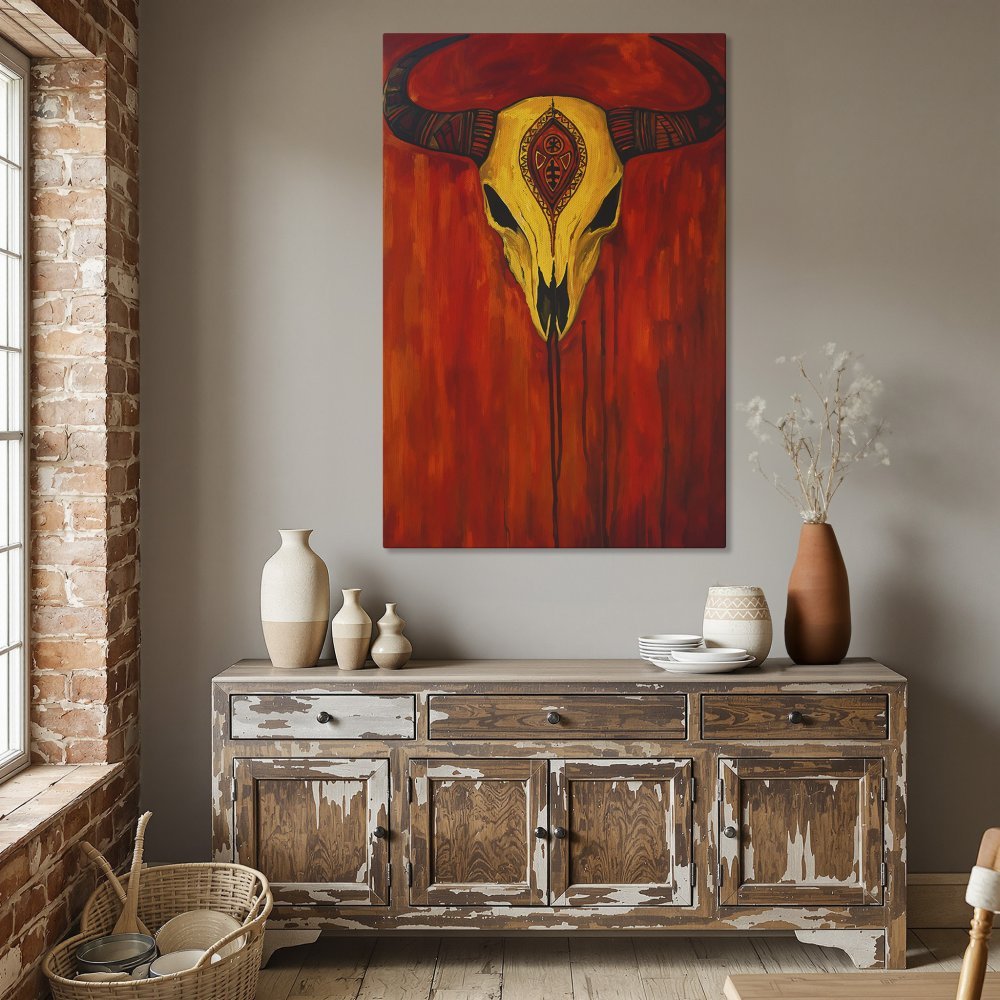Framed Wall Art: Vibrant bull skull painting in red and yellow. Add bold style to your dining room with this striking Canvas Print!