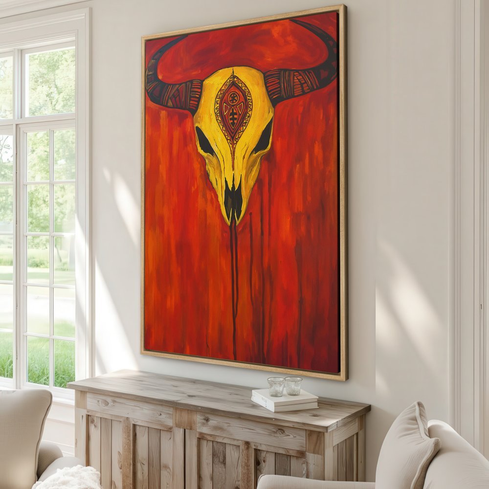 Framed Wall Art: Bold bull skull canvas print in warm red and yellow hues. Modern tribal art for a striking home decor statement.