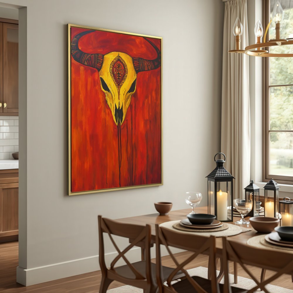 Canvas Print of a vibrant bull skull painting in a warm red and yellow palette. Add bold style to your space with this unique wall art!
