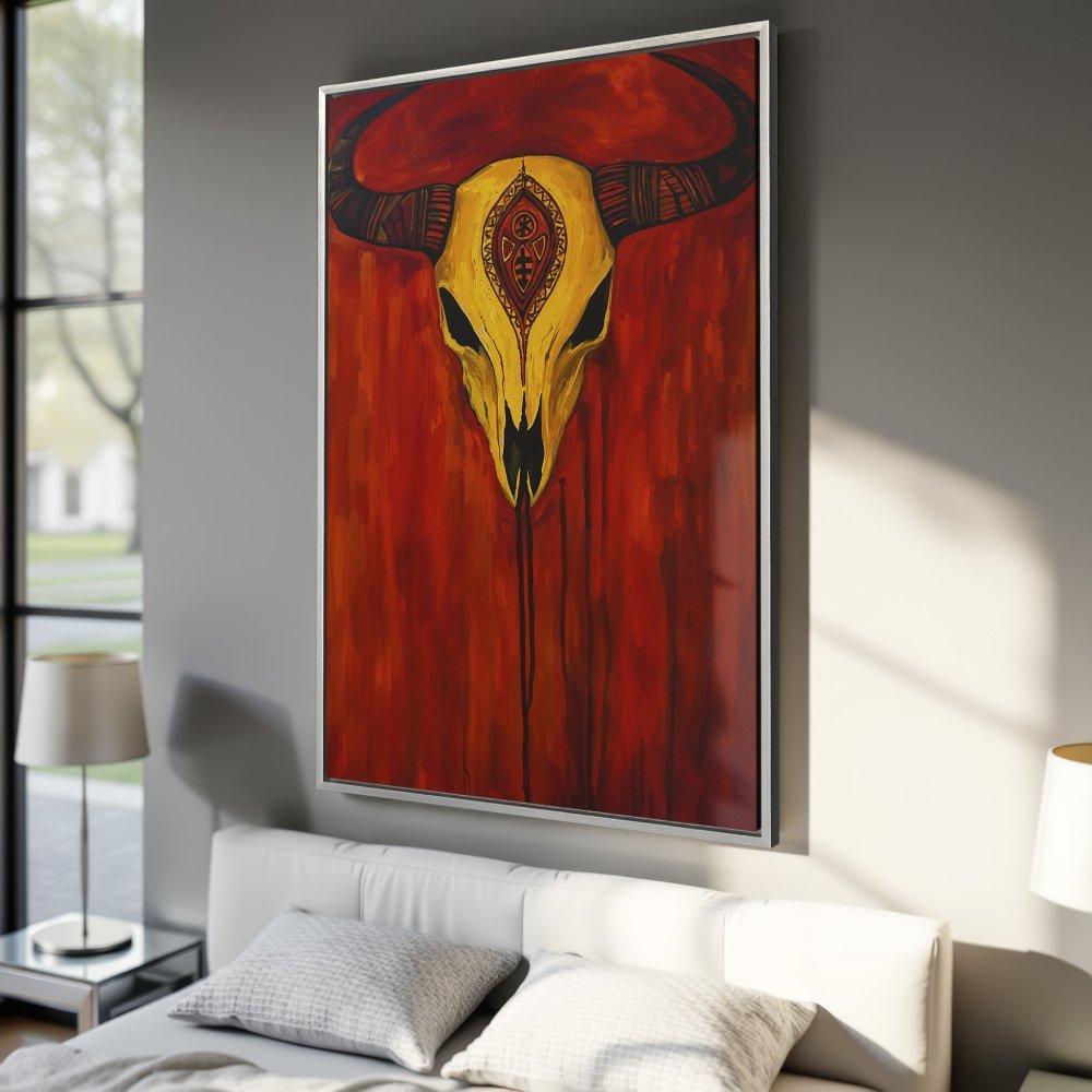 Framed Wall Art: Bold bull skull painting in warm red and gold tones. Add a touch of edgy style to your space with this striking canvas print.