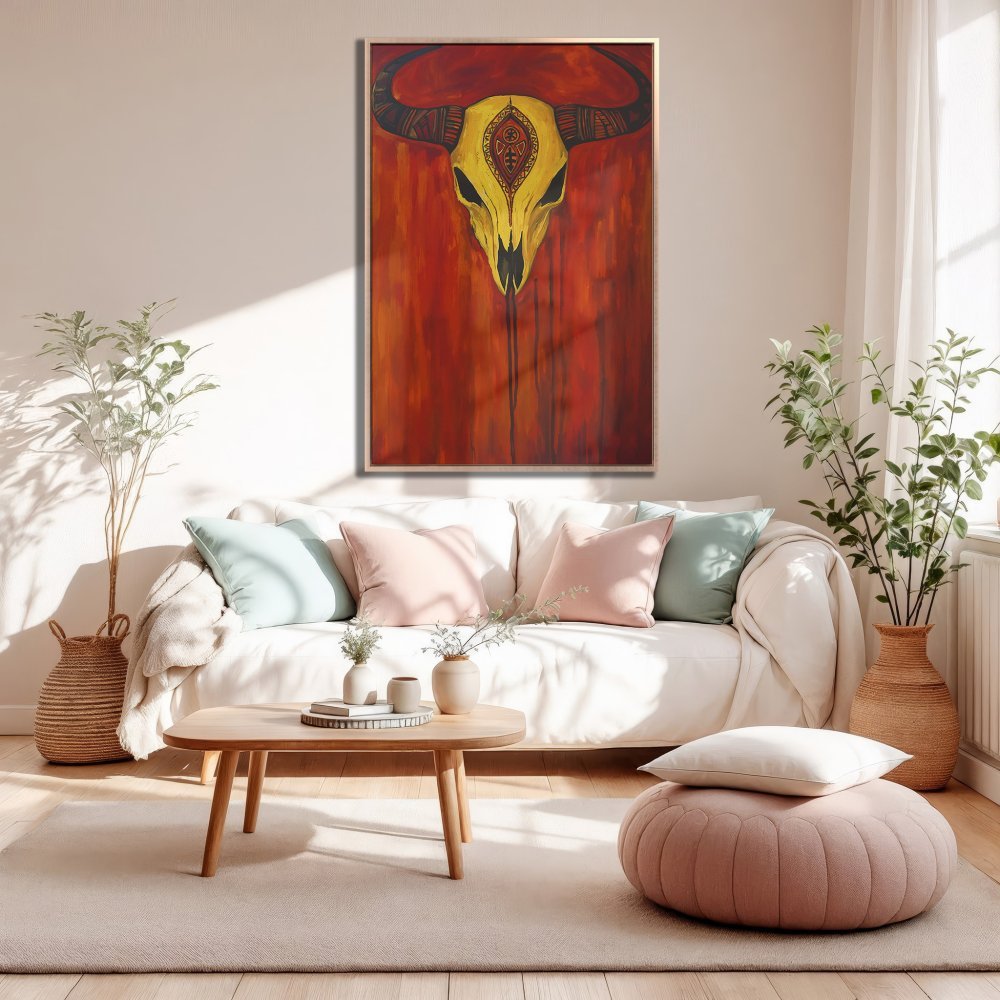 Framed Wall Art: Bold bull skull canvas print with a warm red and yellow palette. Elevate your living room decor with this striking piece.
