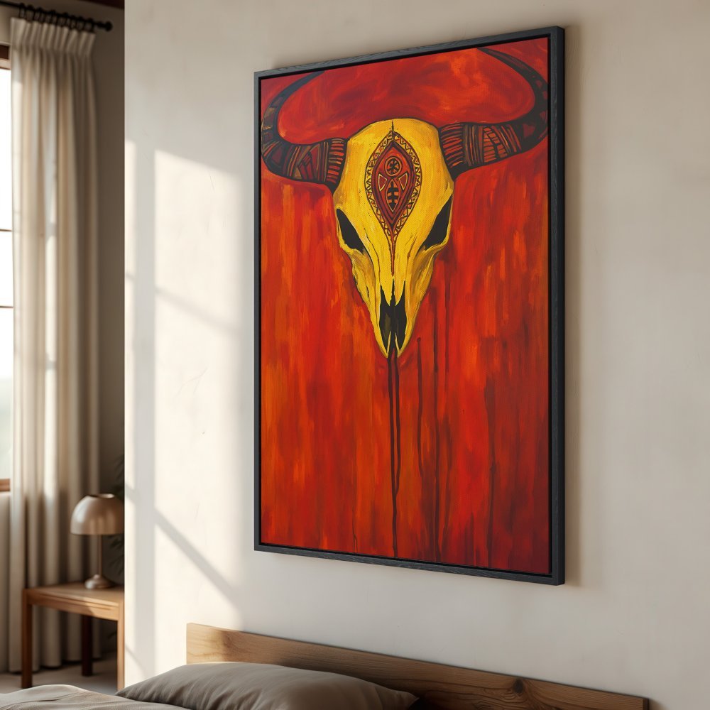 Framed Wall Art: Bold yellow skull on a vibrant red background. Modern abstract style, perfect for adding a pop of color to your home decor.