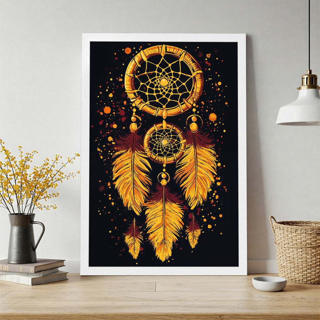 Framed Poster featuring a dreamcatcher design. Bold, artistic style with a warm yellow and orange color palette on a black background. Perfect wall art.