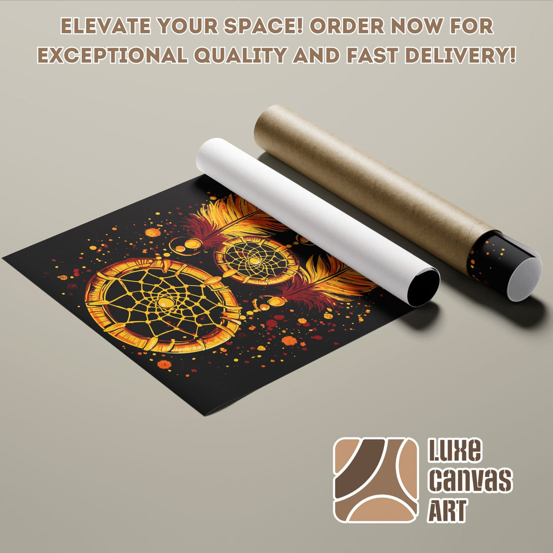 Poster Roll featuring a dreamcatcher design in warm orange and red tones, artistic style. Elevate your space!
