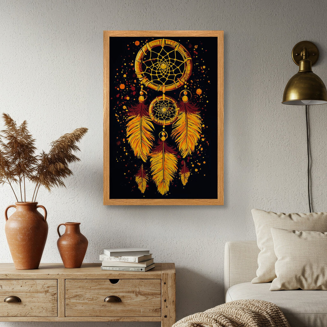 Framed Poster featuring a dreamcatcher design in warm yellow and orange tones, perfect for boho decor.
