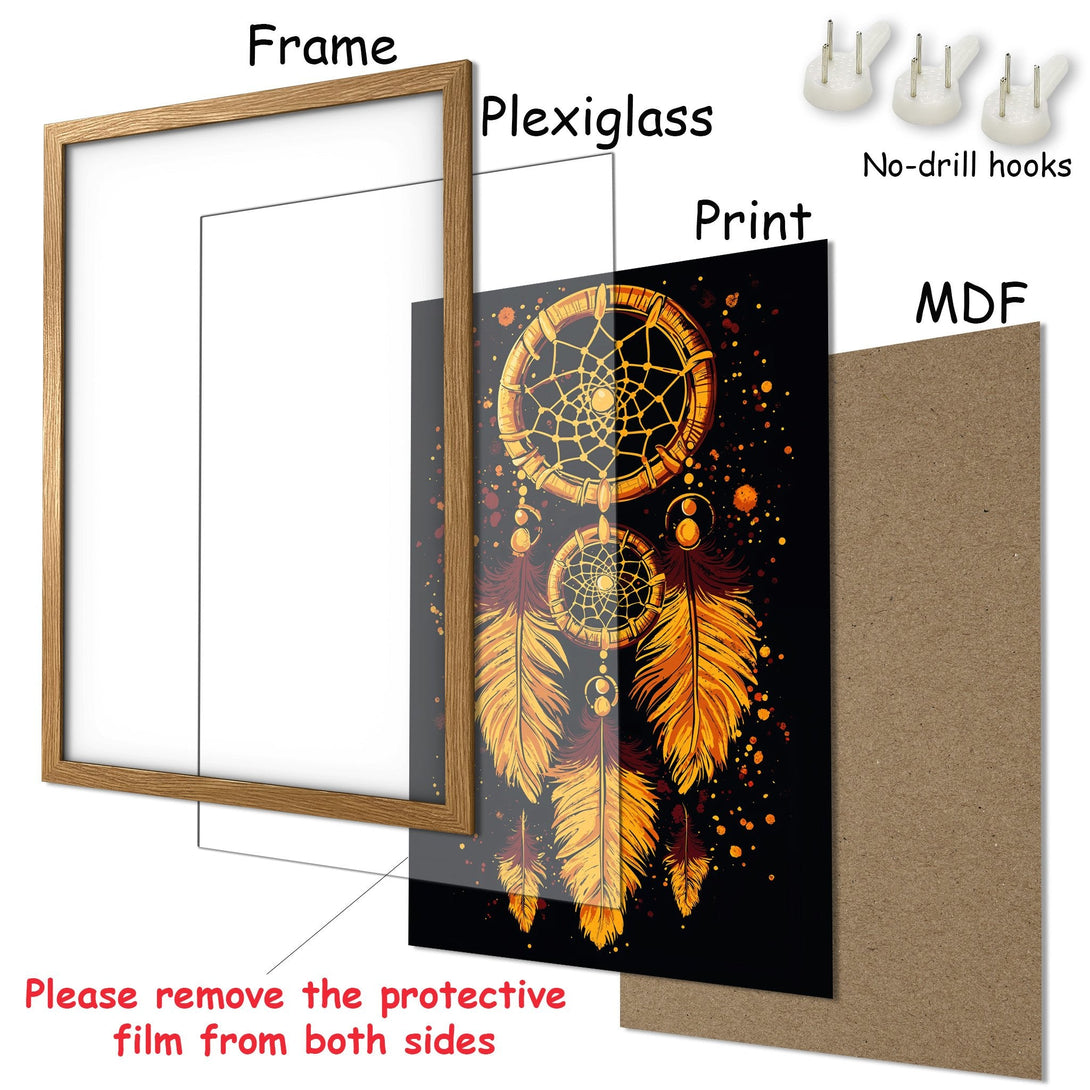 Framed Poster featuring a dreamcatcher design in warm orange and gold tones, perfect for bohemian decor.
