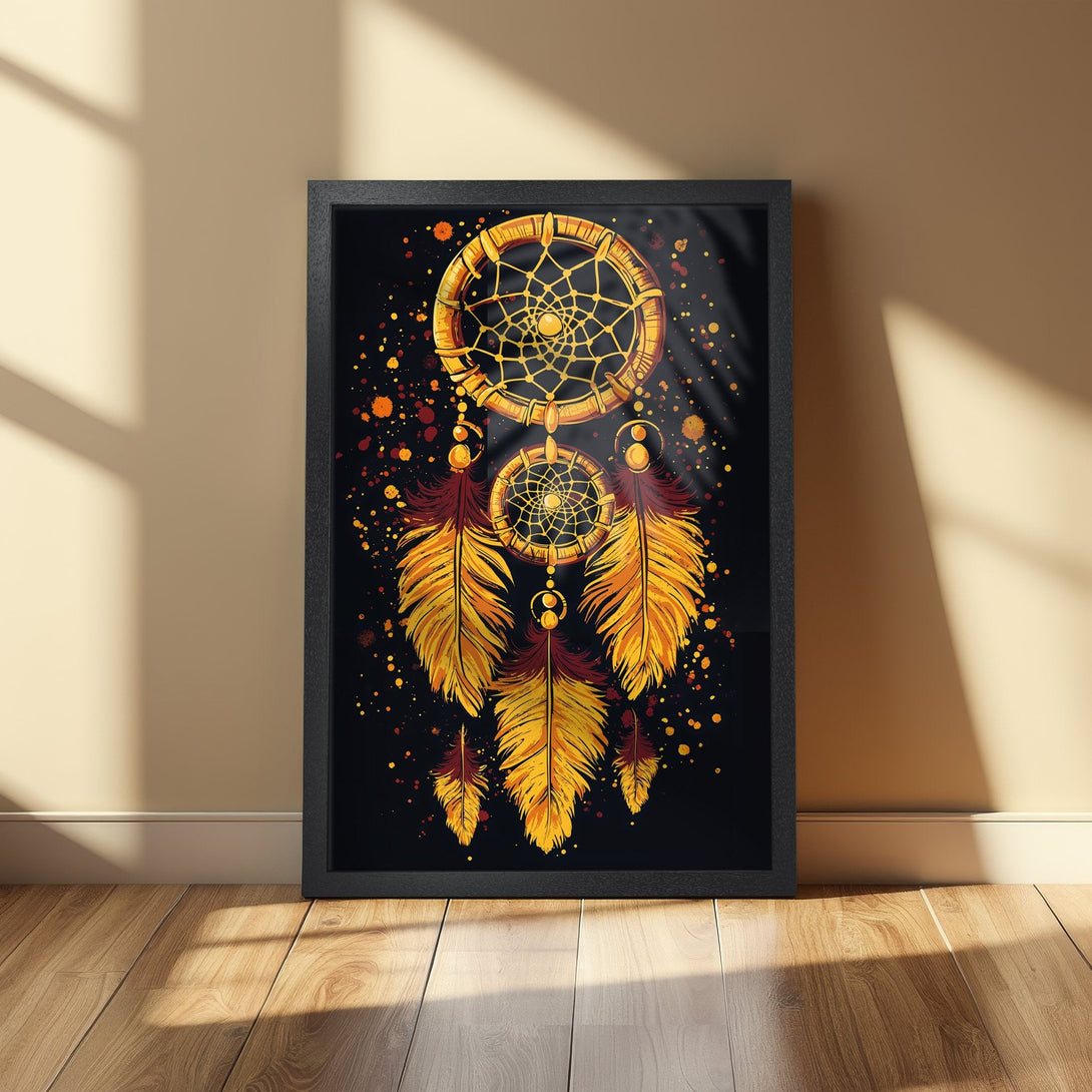 Framed Poster featuring a dreamcatcher design in warm gold and orange hues on a black background. Perfect wall art for a bohemian style.