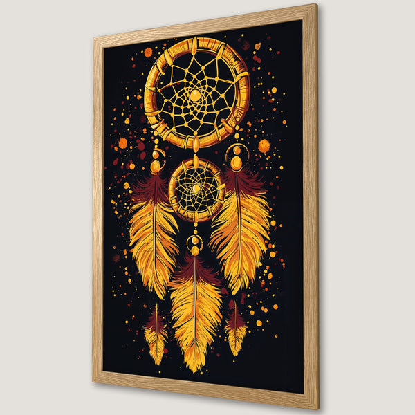 Framed Poster featuring a dreamcatcher design in a vibrant orange and yellow palette, artistic style on a black background.
