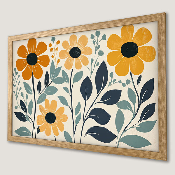 Framed Poster featuring a floral design in a mid-century modern style with yellow, blue, and cream color palette. Perfect wall art!