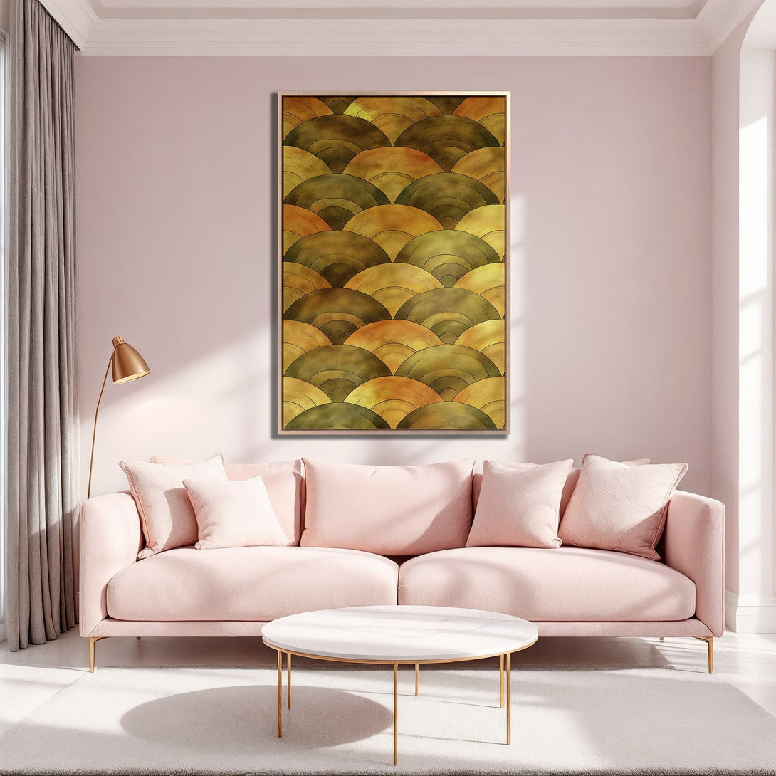 Framed Wall Art featuring an abstract, gold and green pattern. Adds a touch of elegance to any space. Perfect for living rooms.