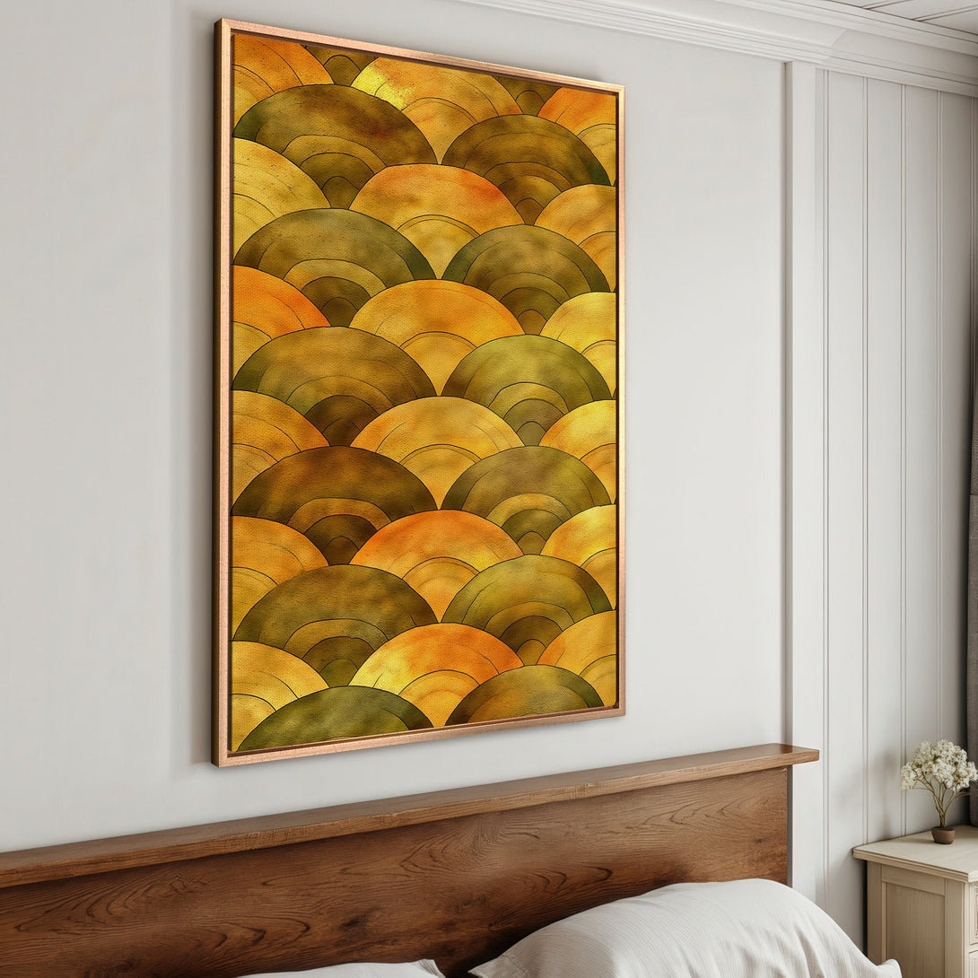Framed Wall Art featuring a warm abstract pattern in gold, yellow, and olive tones. Perfect for adding modern art to your bedroom decor.