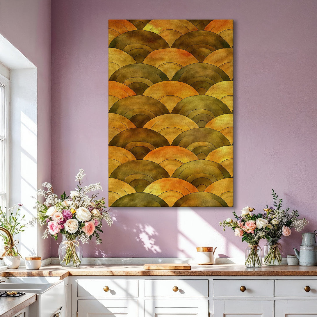 Framed Wall Art: Abstract gold fan design canvas print. Modern art with warm gold and olive green color palette, perfect for living room decor.