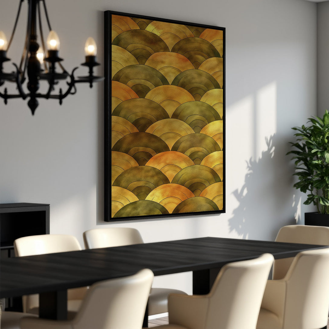 Framed Wall Art: Abstract geometric print in warm gold and olive tones. Modern art for dining room decor. Enhance your space with this stunning canvas print.