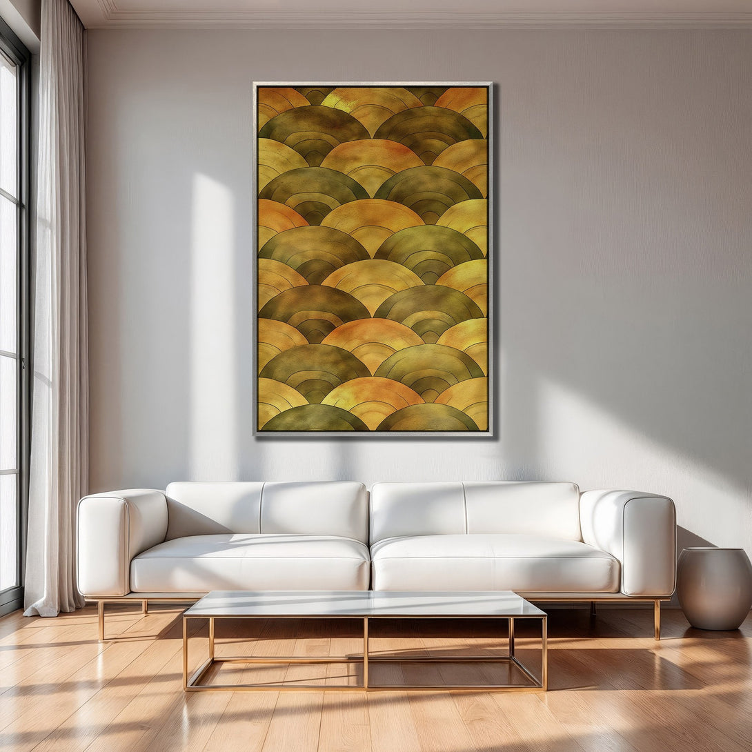 Framed Wall Art: Abstract geometric design in warm gold and olive tones. Modern art canvas print adds a touch of elegance to any interior.