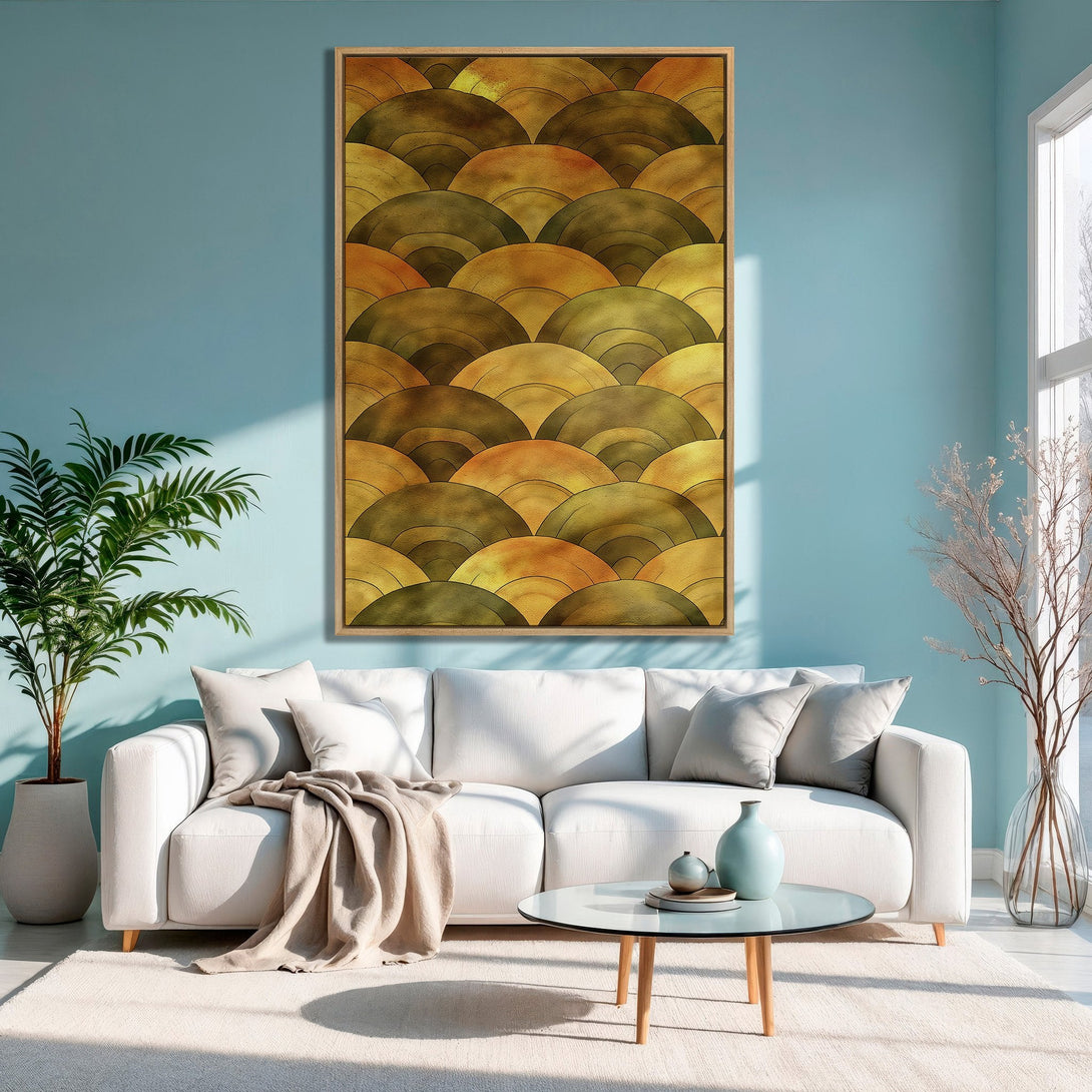 Framed Wall Art featuring an abstract geometric design in warm gold and olive tones. Perfect for adding a touch of elegance to any living room.