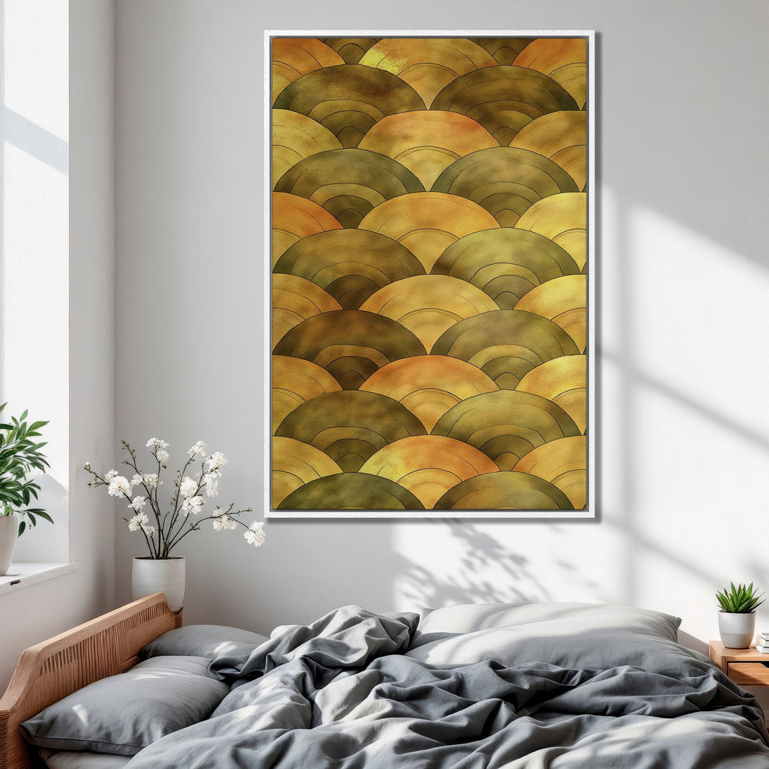 Framed Wall Art featuring an abstract, layered design in warm gold and olive tones. Perfect for adding a touch of modern art to your bedroom decor.