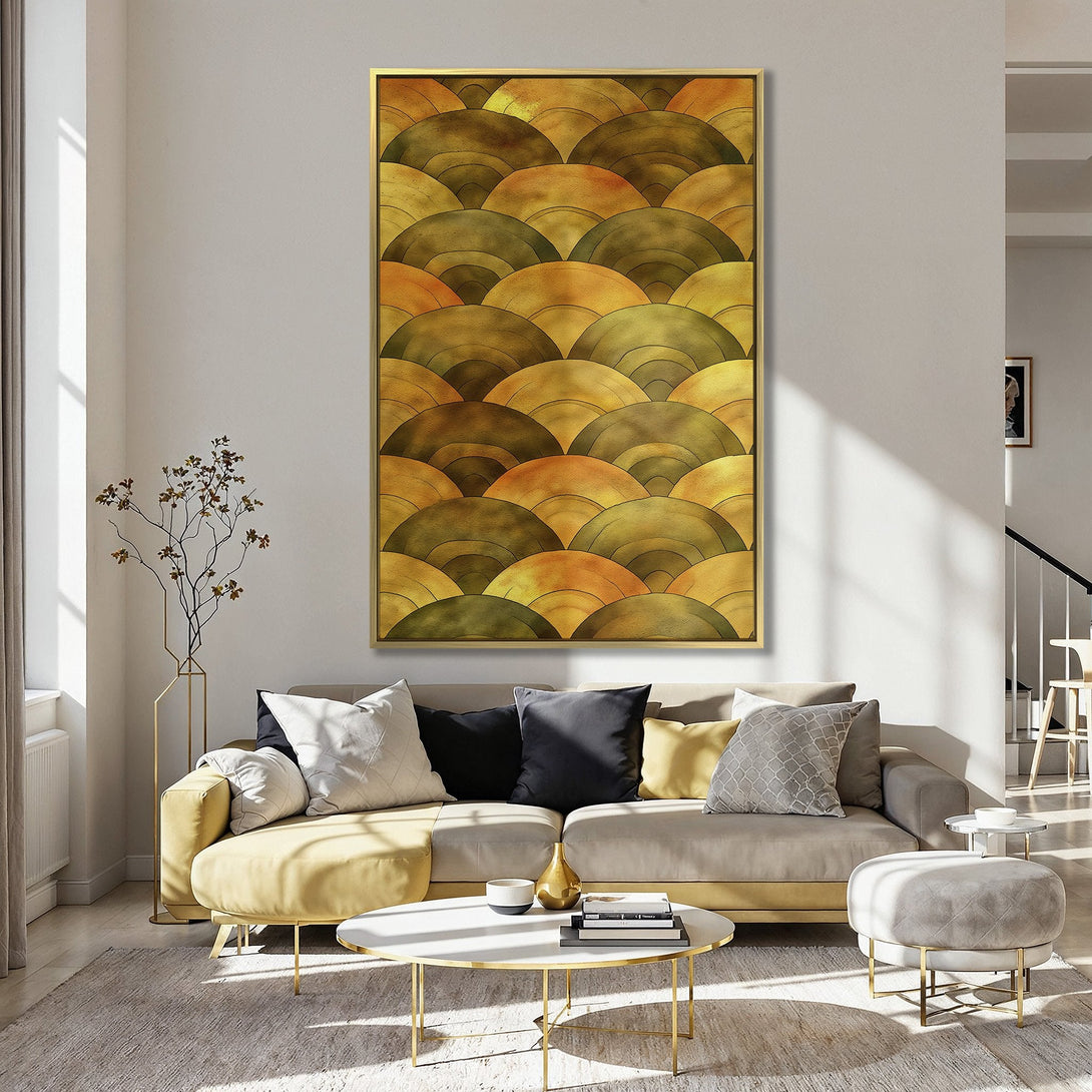 Canvas Print featuring abstract gold fan design, warm color palette, perfect for kitchen decor.