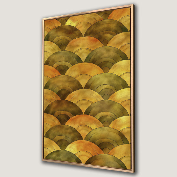 Framed Wall Art featuring an abstract pattern in warm gold and olive tones. Modern art for your home decor.
