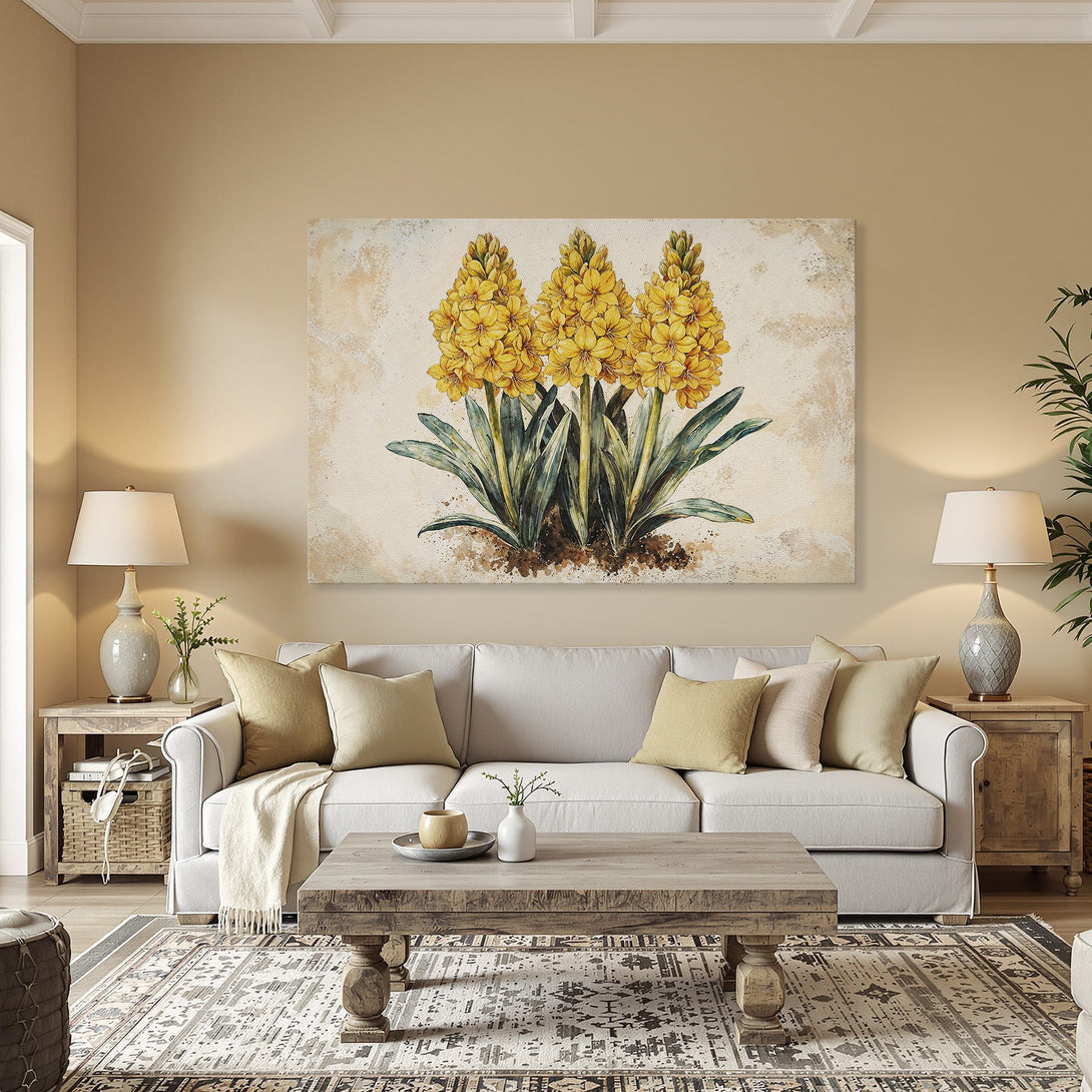 Framed Wall Art of yellow hyacinth flowers. Botanical art in a warm, neutral color palette. Perfect for dining room decor.