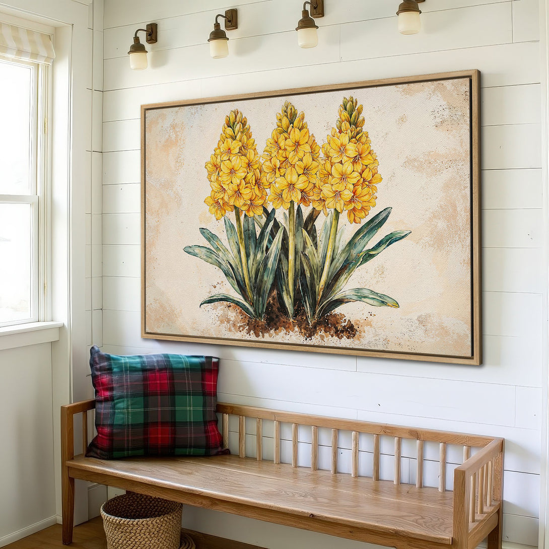Framed Wall Art: Watercolor-style yellow floral Canvas Print. Warm, neutral tones with pops of green. Perfect for adding a touch of nature to your home decor.