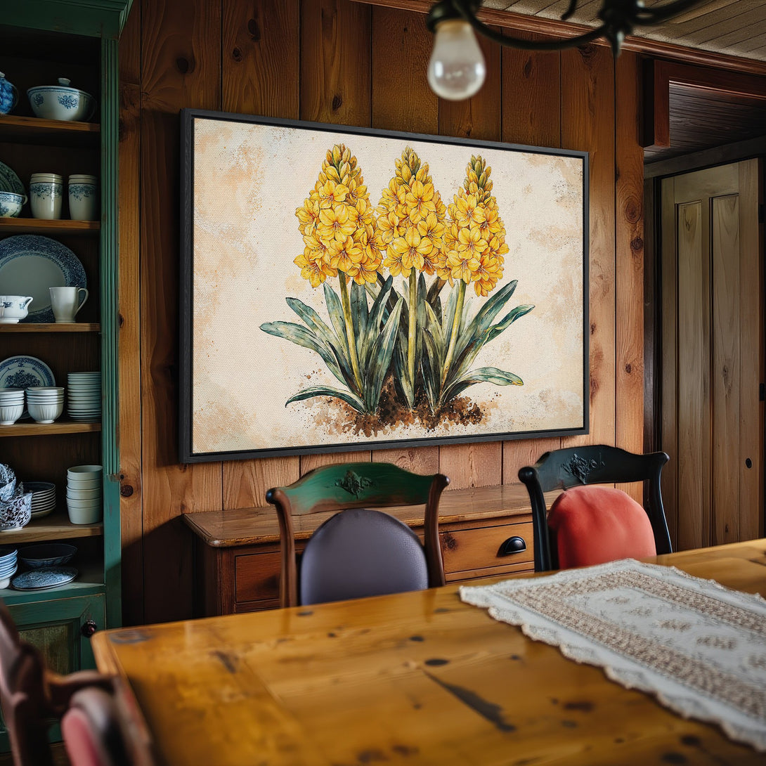 Framed Wall Art: Yellow floral canvas print adds warmth to a rustic dining room. Earthy tones and botanical art create a cozy, inviting space.