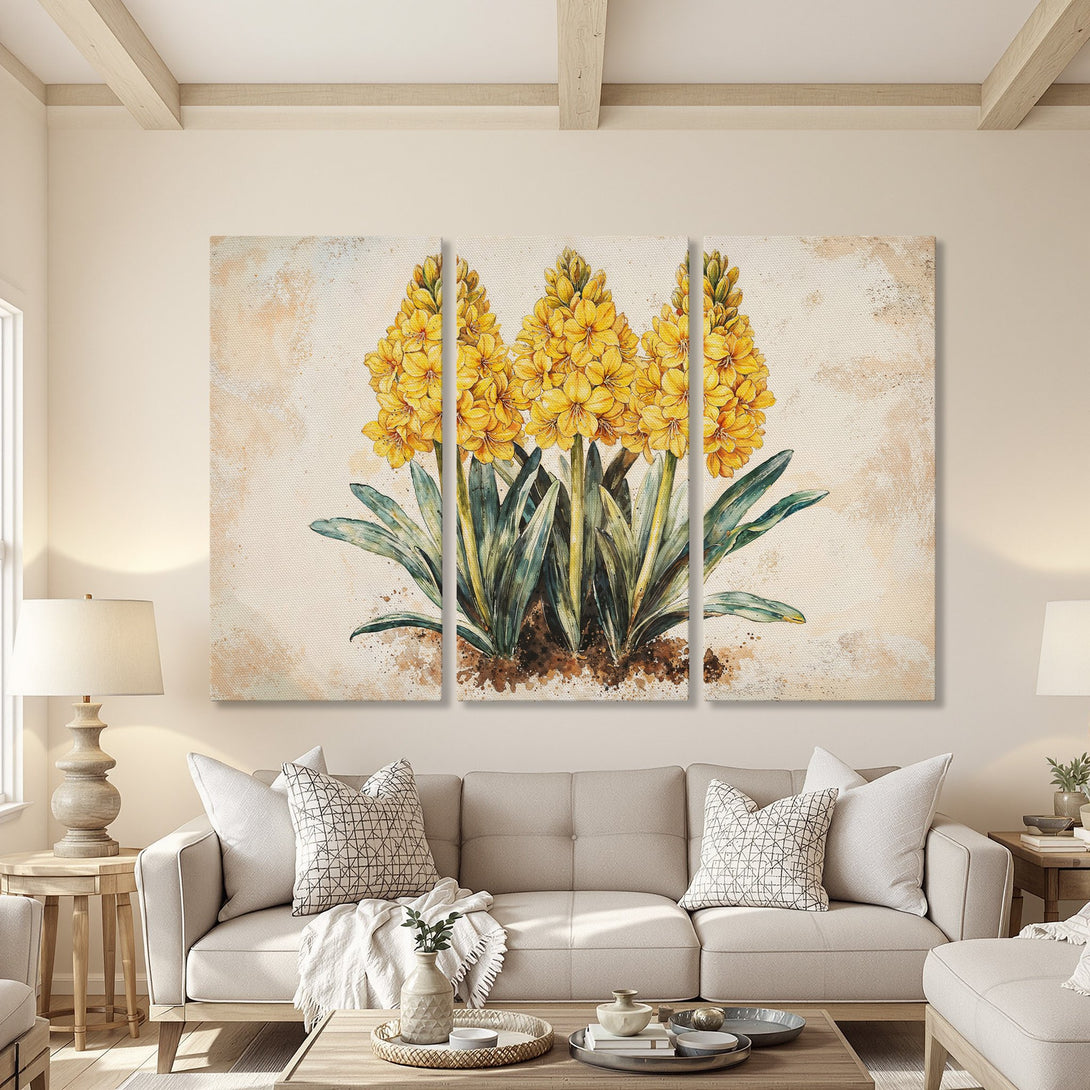 Canvas Print of vibrant yellow hyacinth flowers. Watercolor style art with a warm, neutral color palette. Perfect for living room decor.