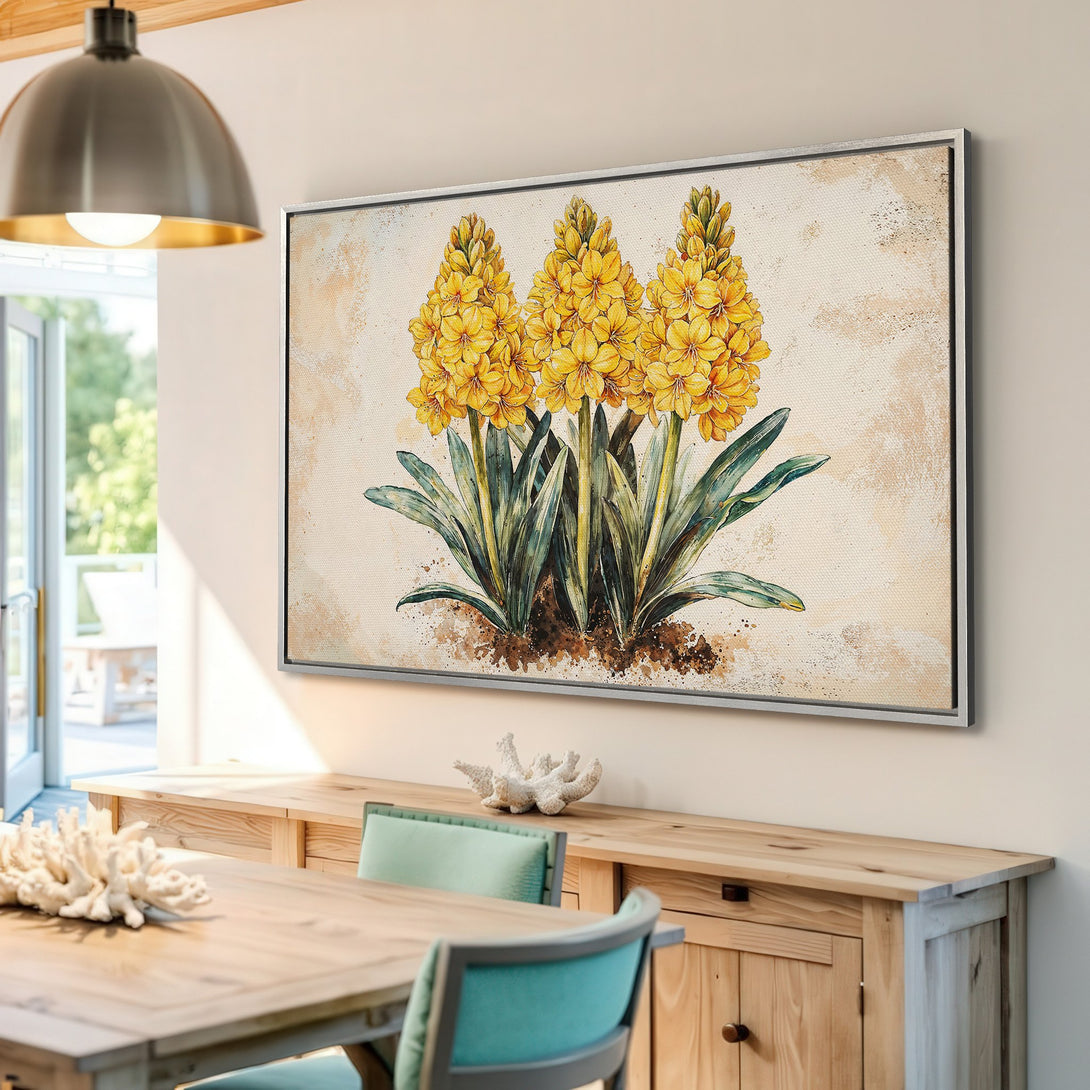 Framed Wall Art featuring vibrant yellow hyacinths. Botanical art in a soft, watercolor style. Adds a touch of nature & color to any interior.