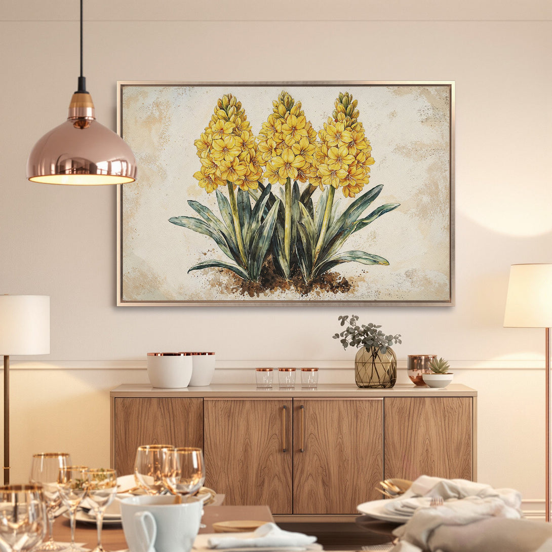 Framed Wall Art: Yellow floral canvas print in a modern interior. Featuring a botanical watercolor style with warm, neutral tones. Perfect for home decor.