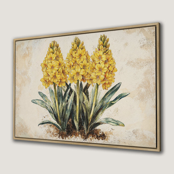 Framed Wall Art featuring watercolor yellow hyacinths. Elegant floral art with a neutral beige and green color palette, perfect for any decor.