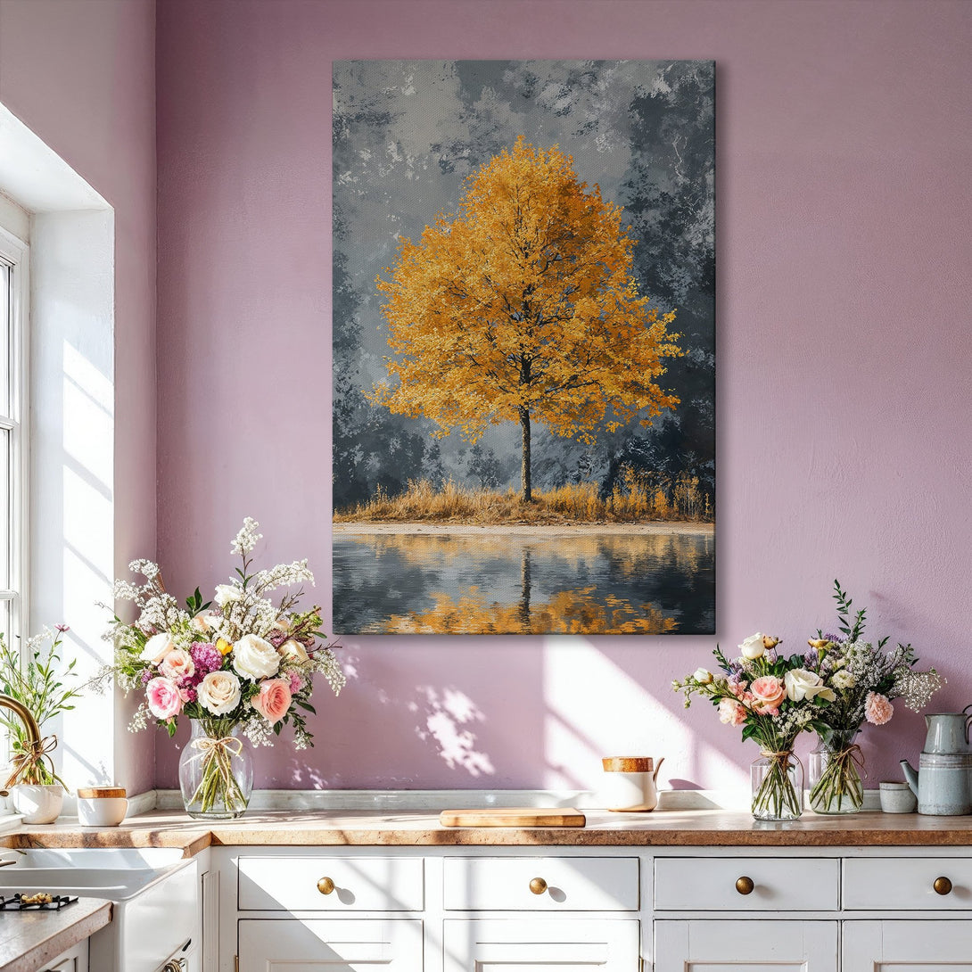 Framed Wall Art: Golden tree landscape canvas print with a serene, abstract style. Features a warm yellow and gray color palette, perfect for modern decor.