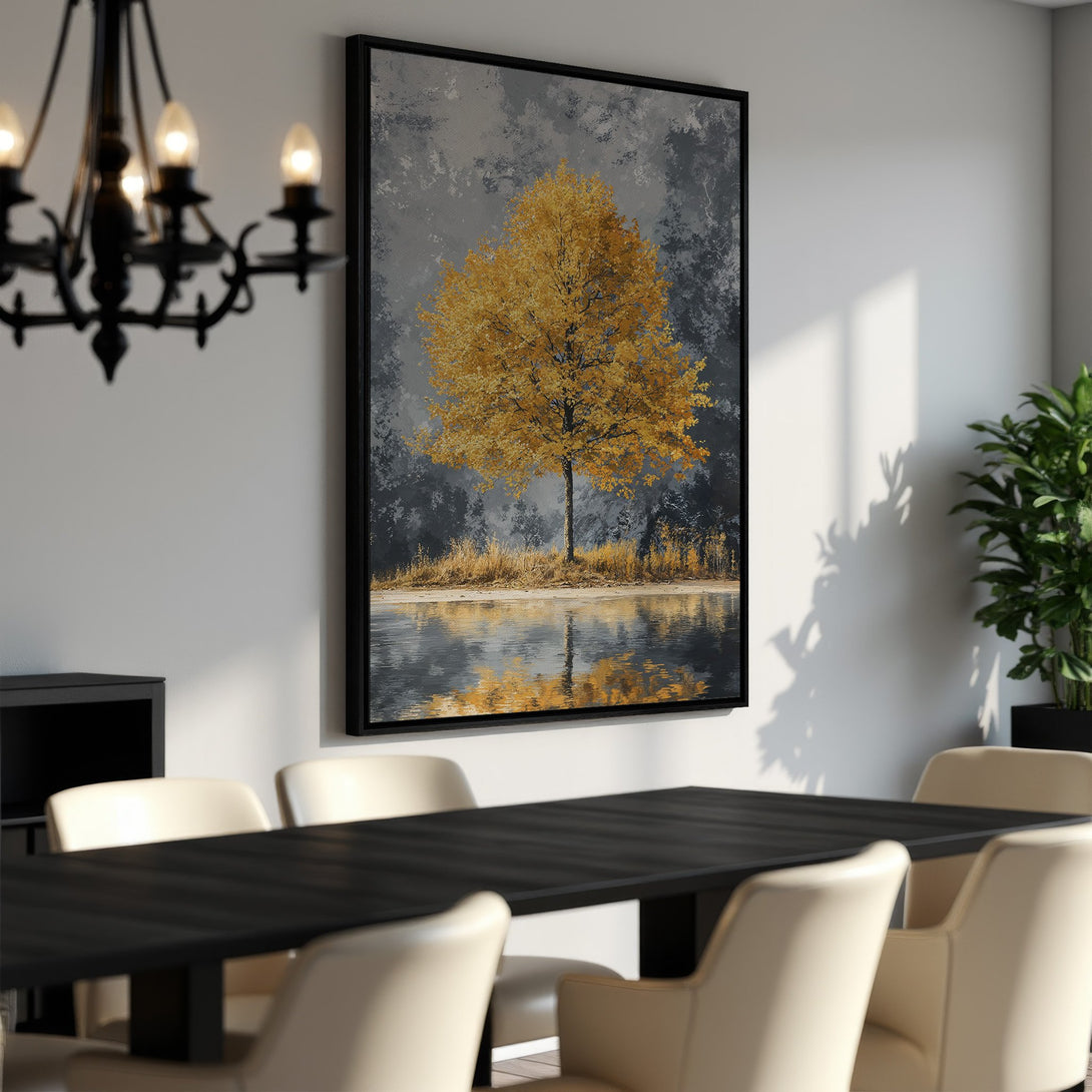 Framed Wall Art: Abstract tree landscape in gold and gray tones. Modern canvas print adds elegance to any dining room. Shop now for statement art!