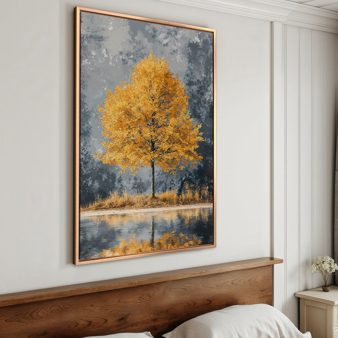 Framed Wall Art: Golden tree landscape canvas print. Modern art with a warm yellow and cool gray color palette, perfect for bedroom decor.