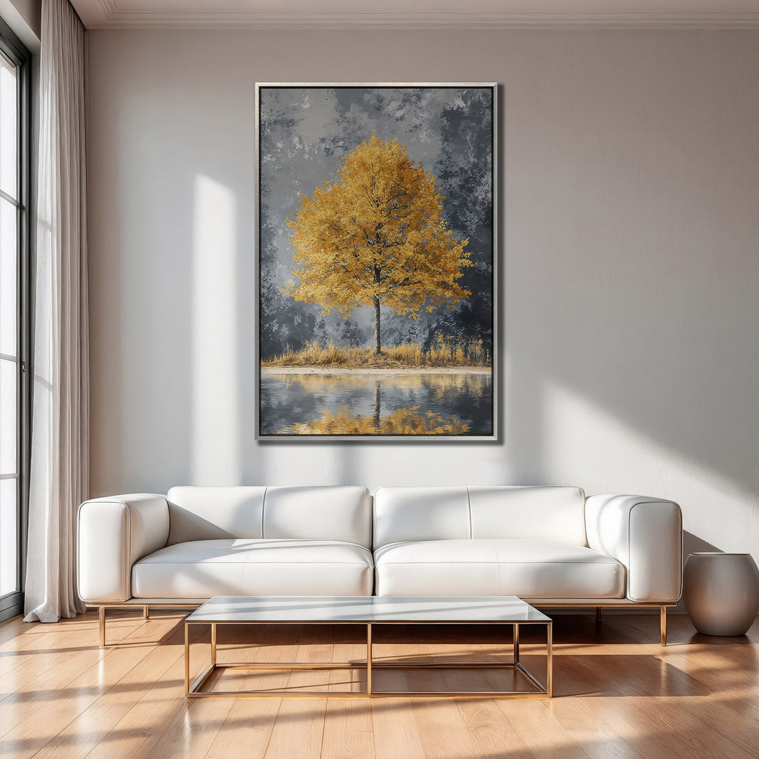 Framed Wall Art: Golden tree landscape canvas print. Modern abstract style with gold, gray, and white color palette. Perfect for living room decor.